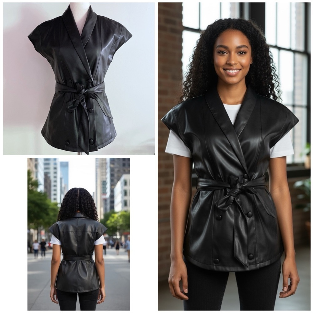 NWT Jason Wu Black Belted Cap Sleeves Faux Vegan Leather Vest Jacket Top XS S‌‌‌